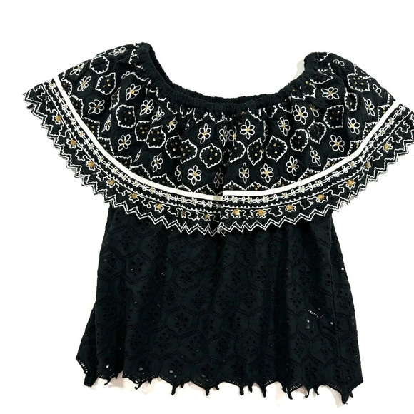 Hemant Nandita Marva Off Shoulder Eyelet Top Black - Picture 2 of 7